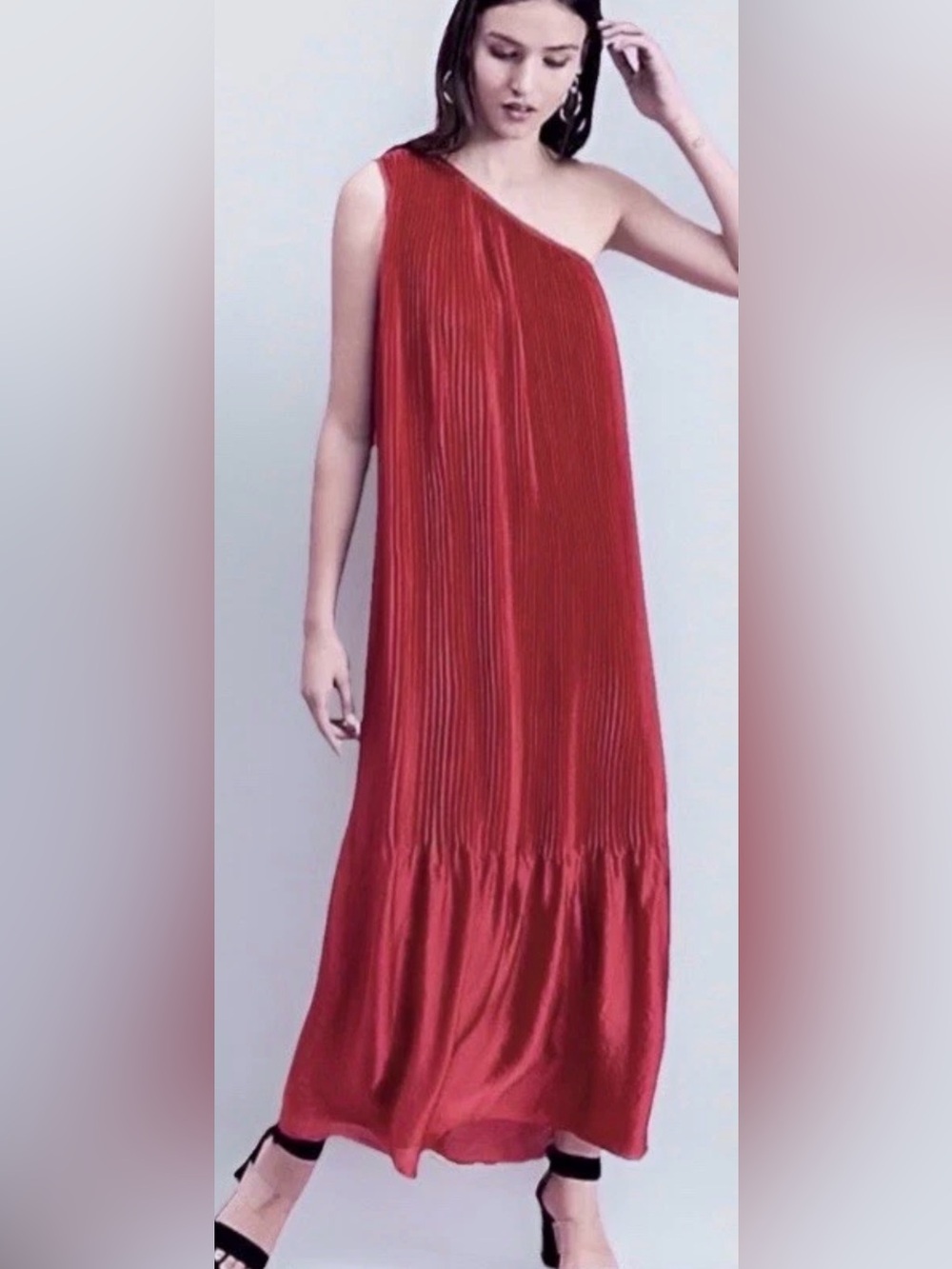 Free People Chelsea One Shoulder Pleated Maxi Dress Red Satin S